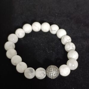 Natural White Howlite Beaded Bracelet w/ 925 Sterling Silver CZ Bead